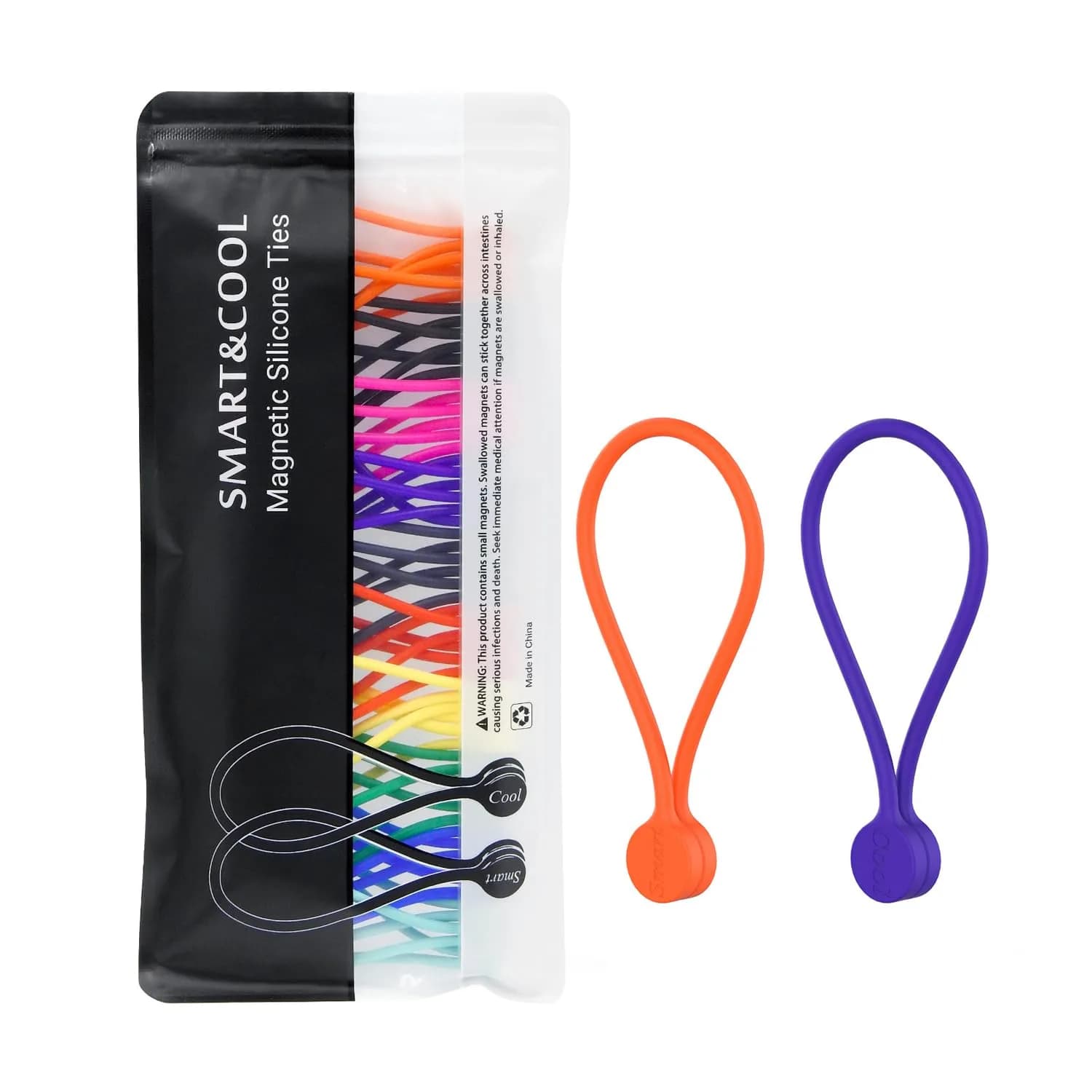 Smart&Cool Reusable Silicone Magnetic Cable Ties, Multicolored, 30-Pack | Organize & Secure Cables with Magnetic Closure — Multi