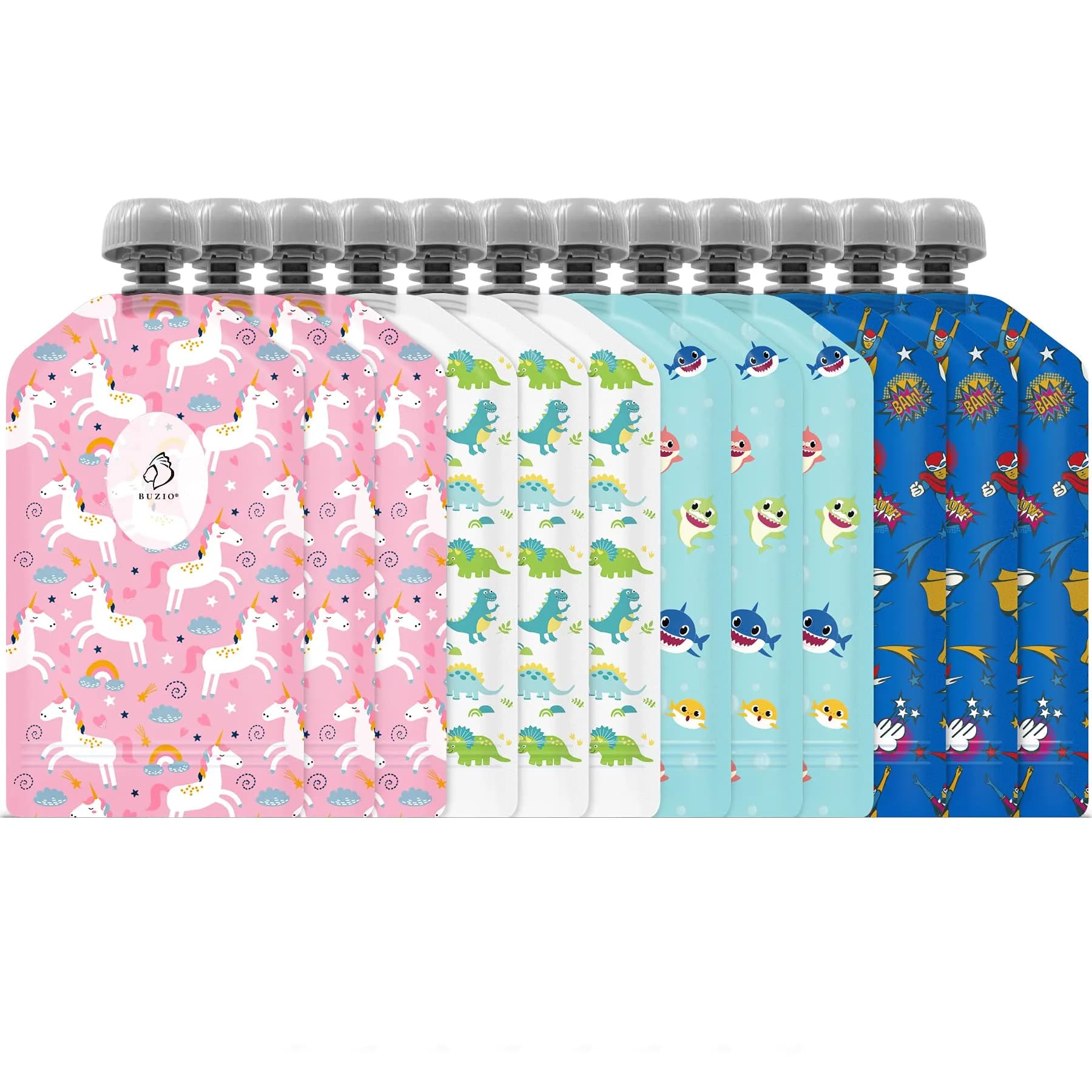 BUZIO Reusable Food Pouches 148ml (5oz) | Pack of 12, Animal Designs, Freezer Safe