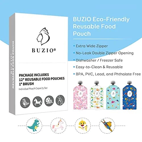 BUZIO Reusable Food Pouches 148ml (5oz) | Pack of 12, Animal Designs, Freezer Safe thumbnail 6