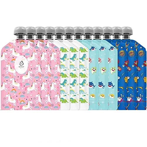 BUZIO Reusable Food Pouches 148ml (5oz) | Pack of 12, Animal Designs, Freezer Safe thumbnail 1