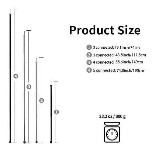 KOMCLUB Telescoping Tent Poles Set of 2 (198 cm / 78 in) | Adjustable Stainless Steel Poles for Tarps, Tents, and Shelters thumbnail 2