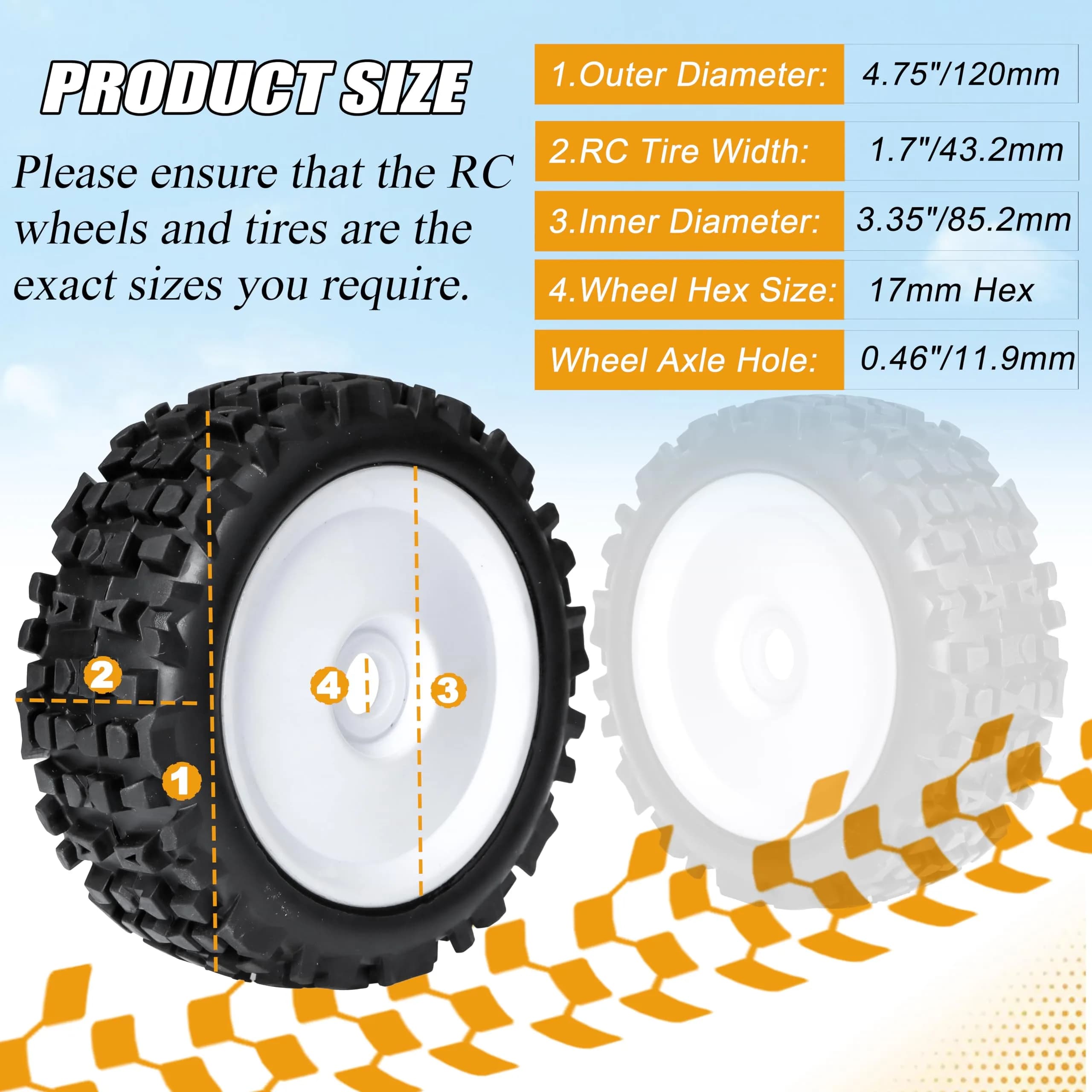 RC Station 17mm Hex RC Wheels and Tires 120mm (4.75") x 43.2mm (1.7") | 4-Piece Preglued Set for 1/8 Scale Buggy Truggy - view 2