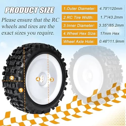 RC Station 17mm Hex RC Wheels and Tires 120mm (4.75") x 43.2mm (1.7") | 4-Piece Preglued Set for 1/8 Scale Buggy Truggy thumbnail 2