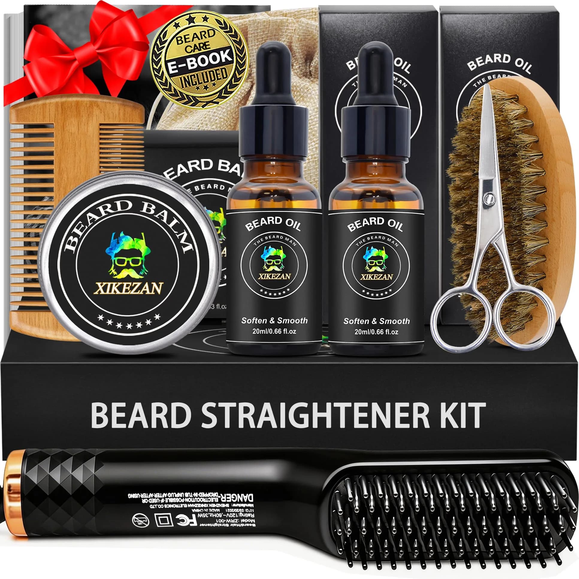 XIKEZAN Beard Straightener Grooming Kit for Men, Black 10.47" x 2" | 3 Heat Settings & Dual Voltage - main product image