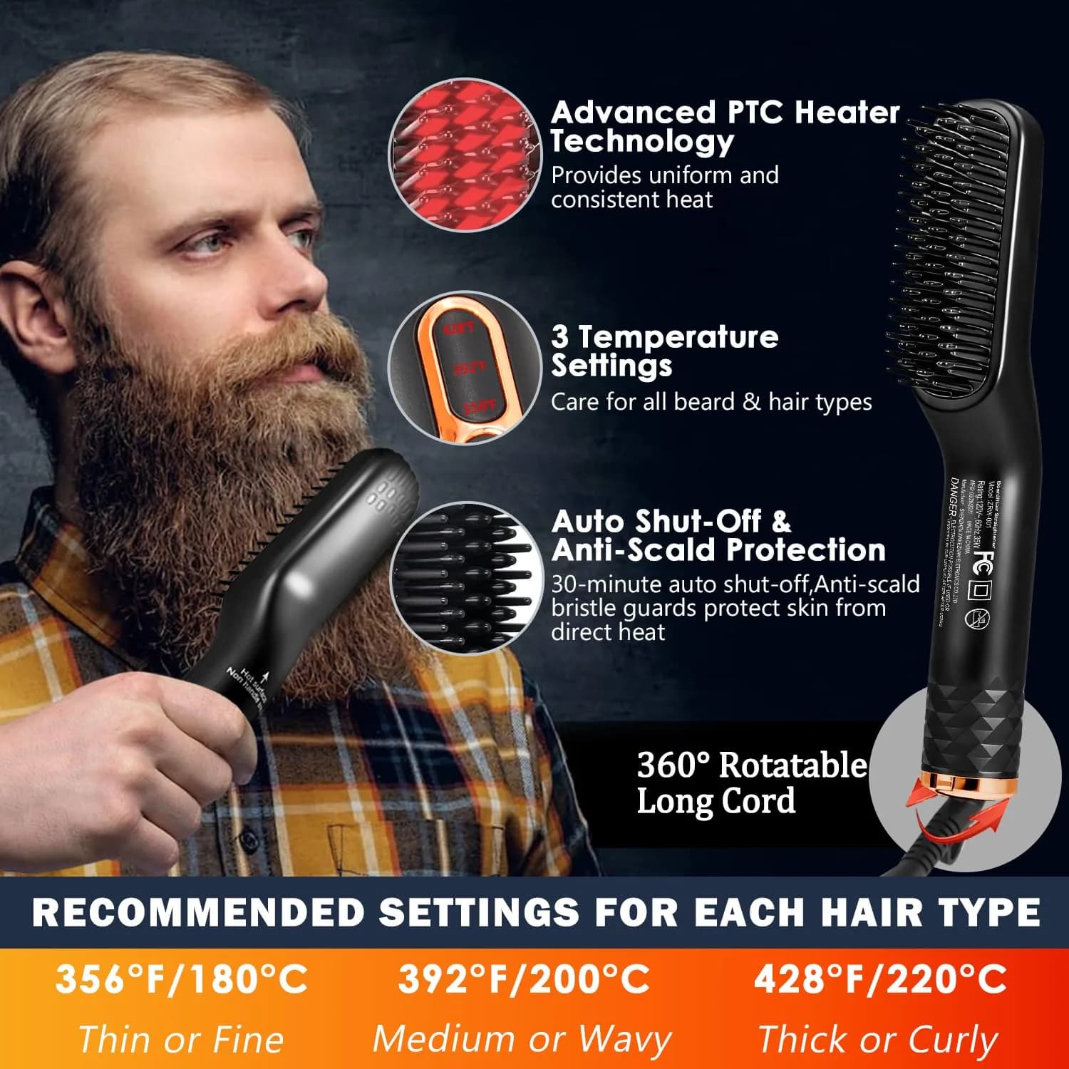 XIKEZAN Beard Straightener Grooming Kit for Men, Black 10.47" x 2" | 3 Heat Settings & Dual Voltage - view 3