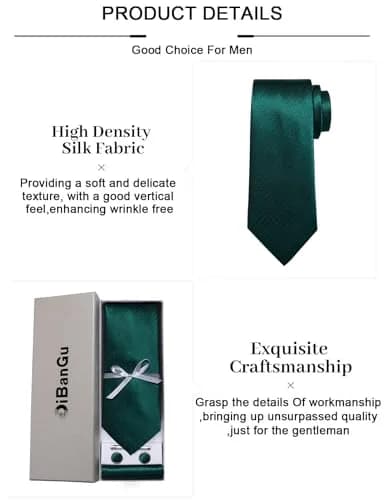 DiBanGu Dark Emerald Green Silk Necktie Set with Pocket Square, Cufflinks & Tie Clip | 150cm (59") x 8cm (3.15") thumbnail 6