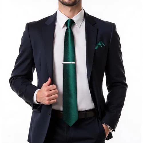 DiBanGu Dark Emerald Green Silk Necktie Set with Pocket Square, Cufflinks & Tie Clip | 150cm (59") x 8cm (3.15") thumbnail 2