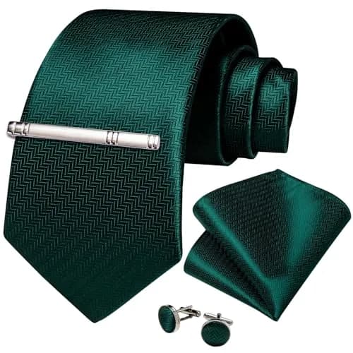 DiBanGu Dark Emerald Green Silk Necktie Set with Pocket Square, Cufflinks & Tie Clip | 150cm (59") x 8cm (3.15") thumbnail 3
