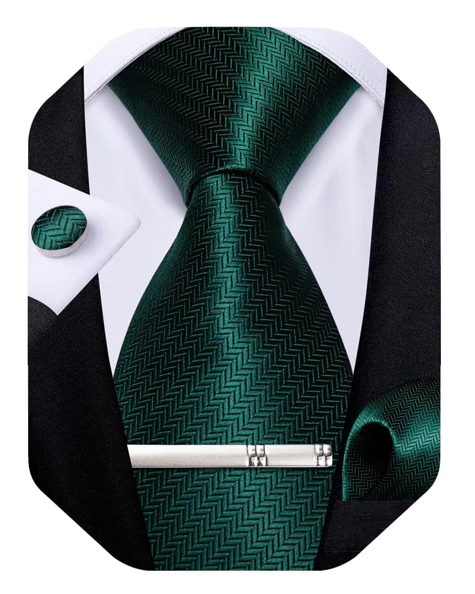 DiBanGu Dark Emerald Green Silk Necktie Set with Pocket Square, Cufflinks & Tie Clip | 150cm (59") x 8cm (3.15") - main product image