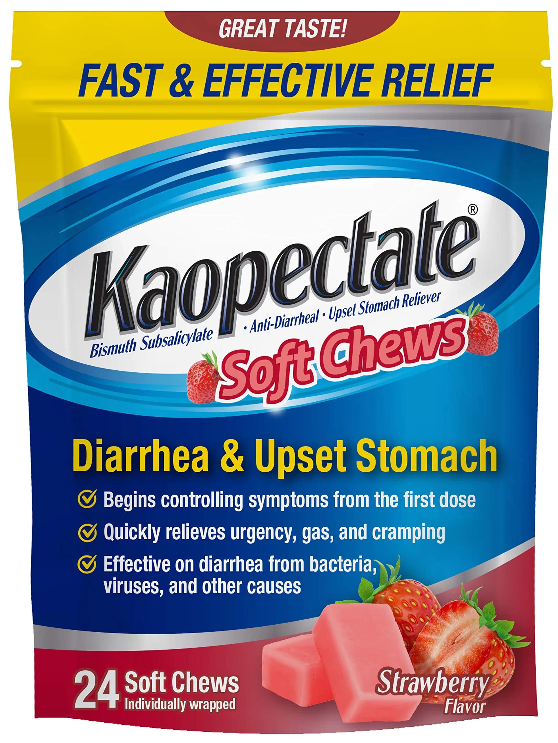 Kaopectate Diarrhea Medication for Adults, 24 ct, Strawberry Soft Chews | Fast-Acting Stomach Relief — Chewable