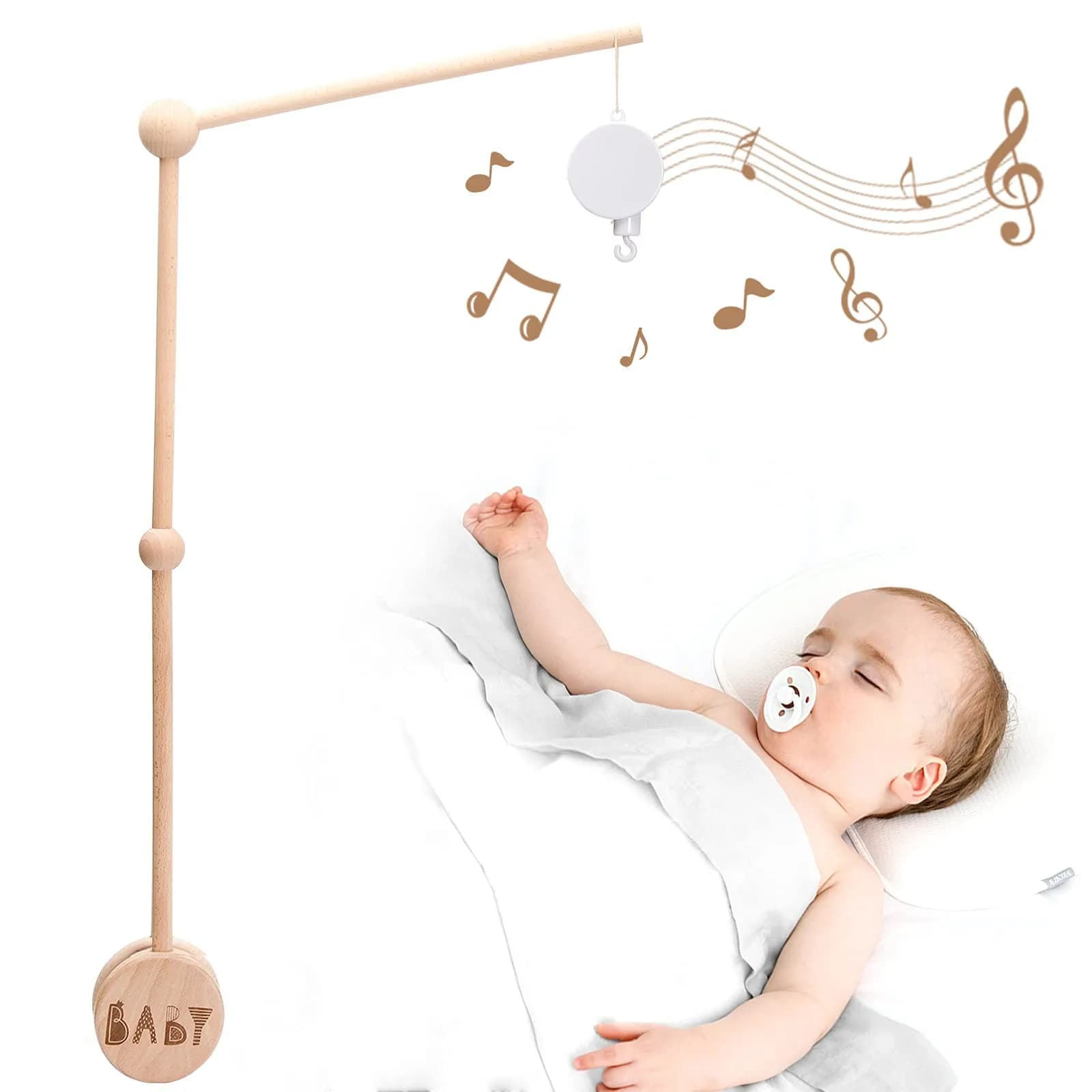 JETM·HH Wooden Baby Crib Mobile Arm Holder with Music Box | 28.35 inch Beech Hangers — Wooden Baby Mobile Holder