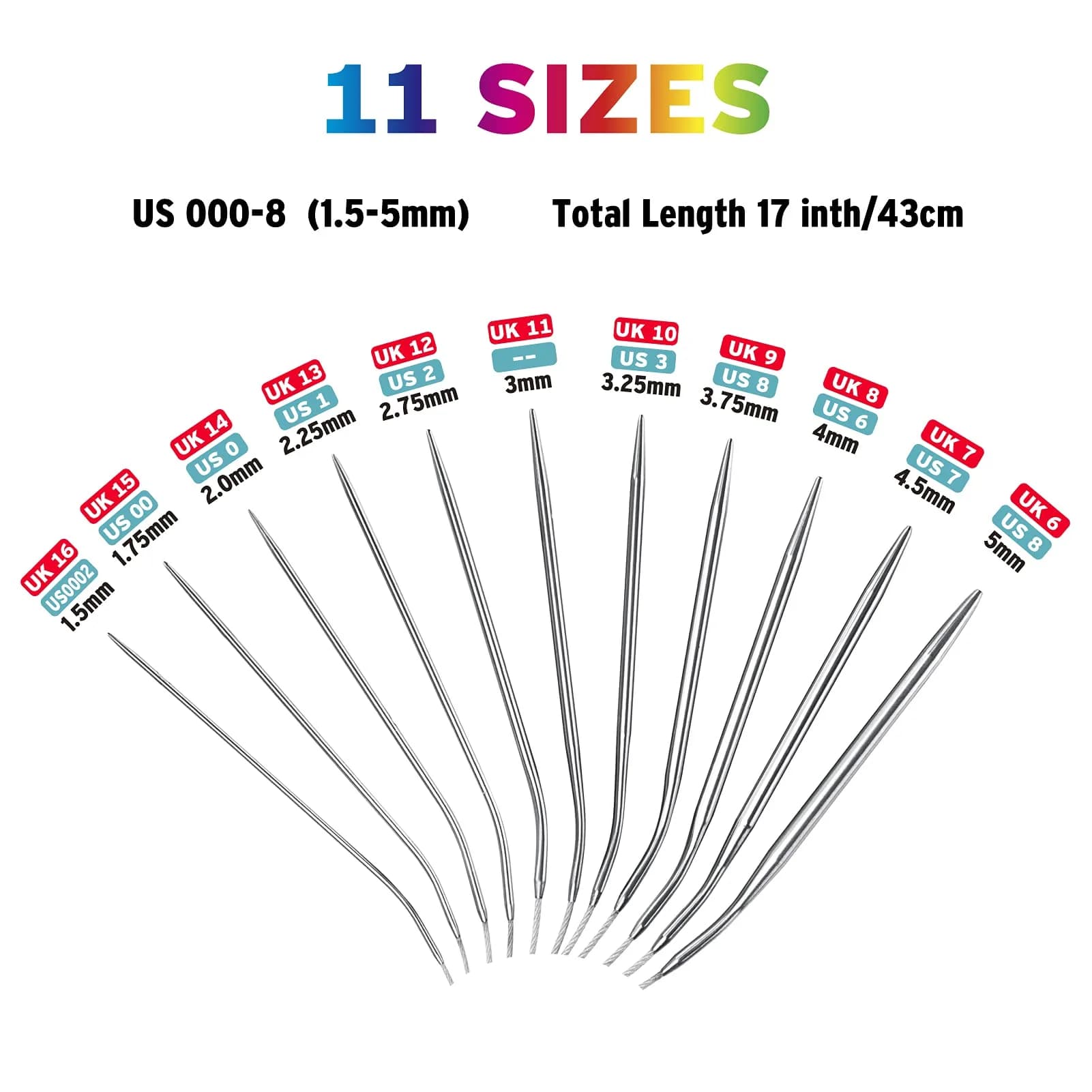 Coowayze 16 Inch Circular Knitting Needles Set, Stainless Steel Round Knitting Needles 1.5-5mm | 11 Sizes - view 2