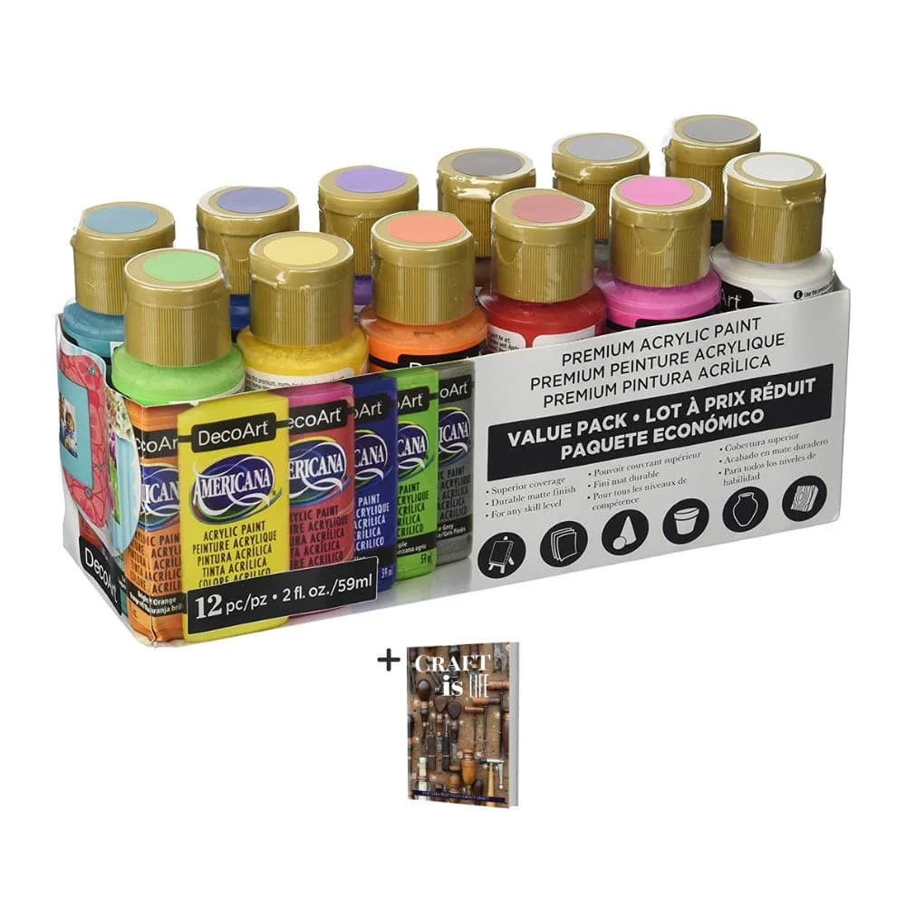 DecoArt Americana Acrylic Paint Set - 12 x 2 Fl Oz Bottles | Medium Viscosity, Water-Based Multi-Surface Paint for Crafts & Art — Assorted