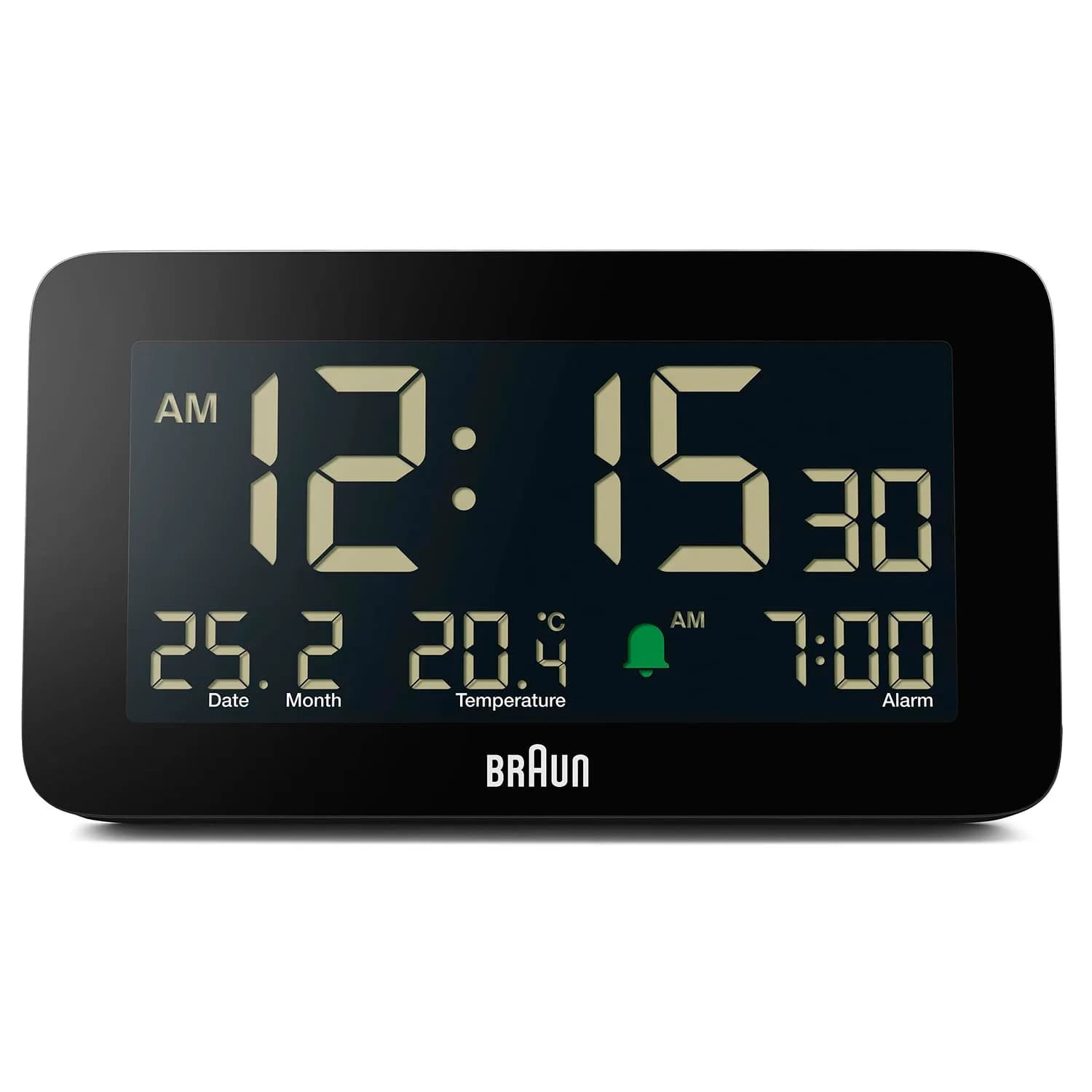 Braun Digital Alarm Clock with Date, Month & Temperature | Negative LCD, Crescendo Beep, 12/24H, AA Battery (1-Pack) - main product image