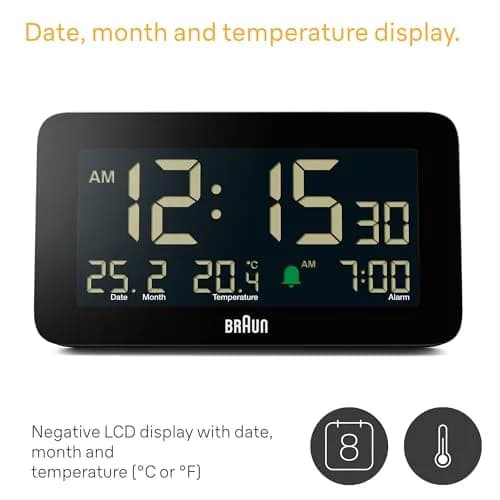 Braun Digital Alarm Clock with Date, Month & Temperature | Negative LCD, Crescendo Beep, 12/24H, AA Battery (1-Pack) thumbnail 2
