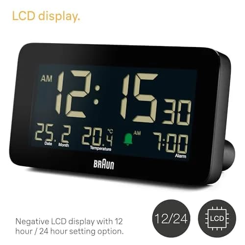 Braun Digital Alarm Clock with Date, Month & Temperature | Negative LCD, Crescendo Beep, 12/24H, AA Battery (1-Pack) thumbnail 3
