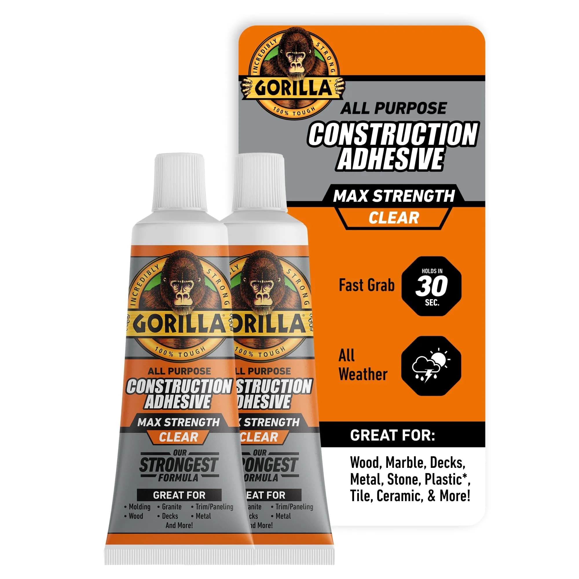 Gorilla Max Strength Clear Construction Adhesive 2.5 oz (74ml) Tubes, Pack of 5 | Strongest Formula, Waterproof, Gap-Filling — 2-Pack