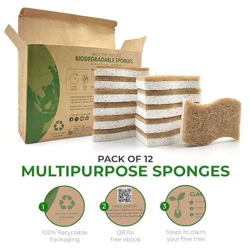 AIRNEX Natural Kitchen Sponges 12 Pack | Biodegradable Cellulose & Coconut Scrubber Dish Sponges for Kitchen thumbnail 4