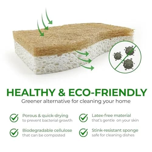 AIRNEX Natural Kitchen Sponges 12 Pack | Biodegradable Cellulose & Coconut Scrubber Dish Sponges for Kitchen thumbnail 3