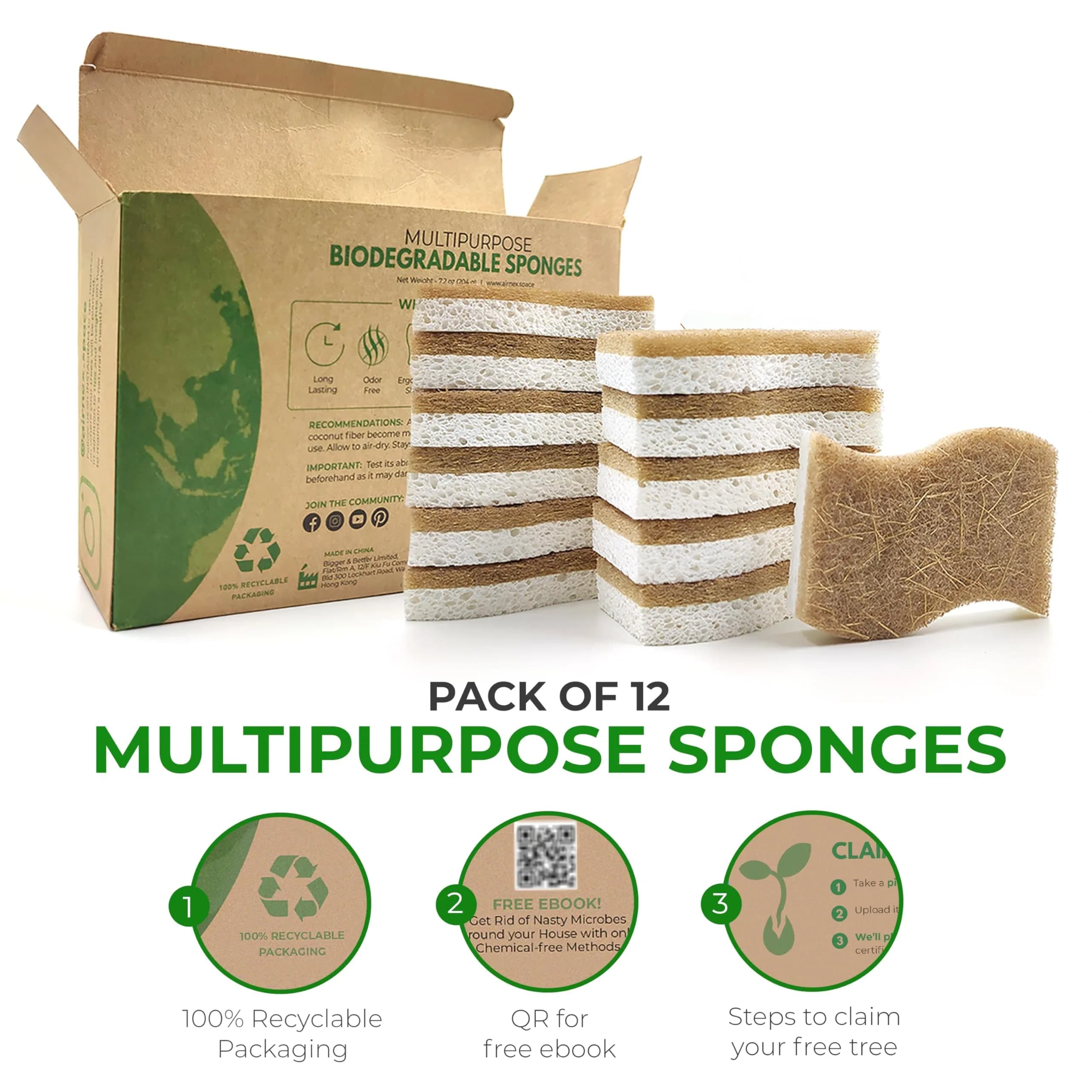 AIRNEX Natural Kitchen Sponges 12 Pack | Biodegradable Cellulose & Coconut Scrubber Dish Sponges for Kitchen - view 4