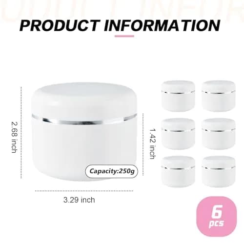QUUPY 6Pcs 250g White Plastic Cosmetic Jars | Leakproof Refillable Containers for Face Cream & Lip Balm thumbnail 2