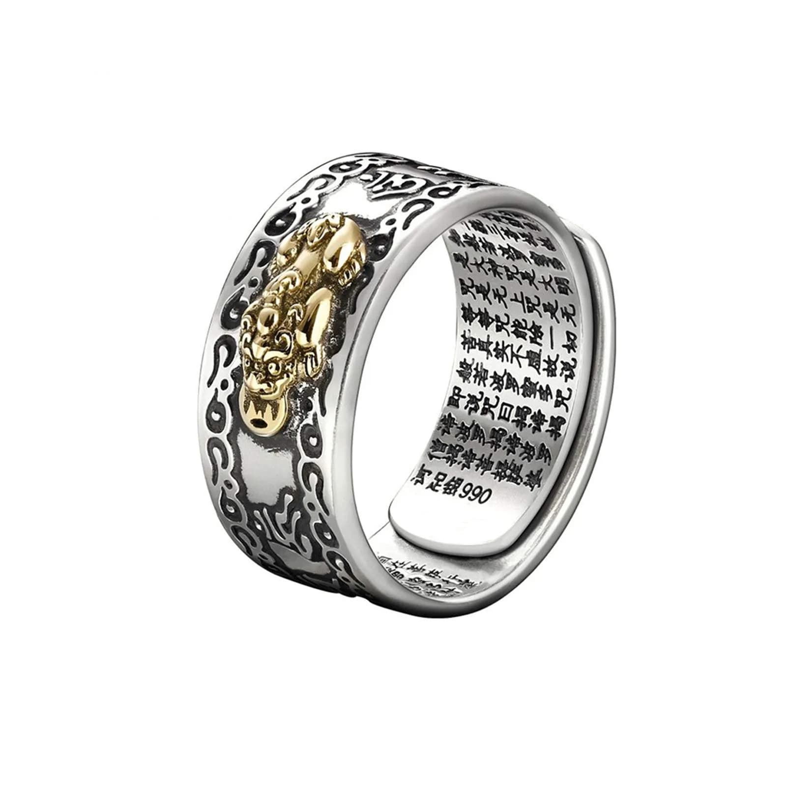 Pingyongchang Golden Pi Xiu Mantra Protection Wealth Ring Adjustable (9mm Width) — Golden Pi Xiu