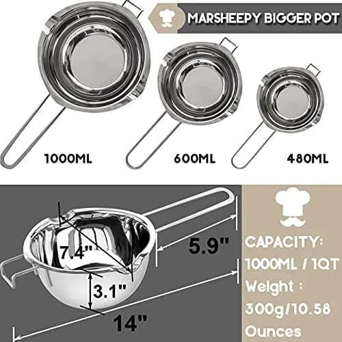 Marsheepy 1000ML (33oz) Double Boiler Melting Pot with 2200ML (2QT) Stainless Steel Pot | Rust-Proof 304 Steel for Chocolate, Wax, Soap Making thumbnail 3