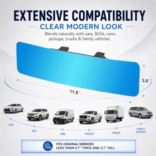 SkycropHD Anti Glare Wide Angle Car Rearview Mirror, 12'' | Frameless, Blue Convex, Universal Fit thumbnail 7