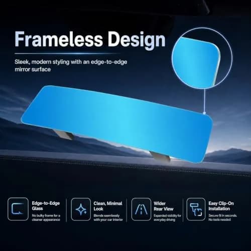 SkycropHD Anti Glare Wide Angle Car Rearview Mirror, 12'' | Frameless, Blue Convex, Universal Fit thumbnail 2