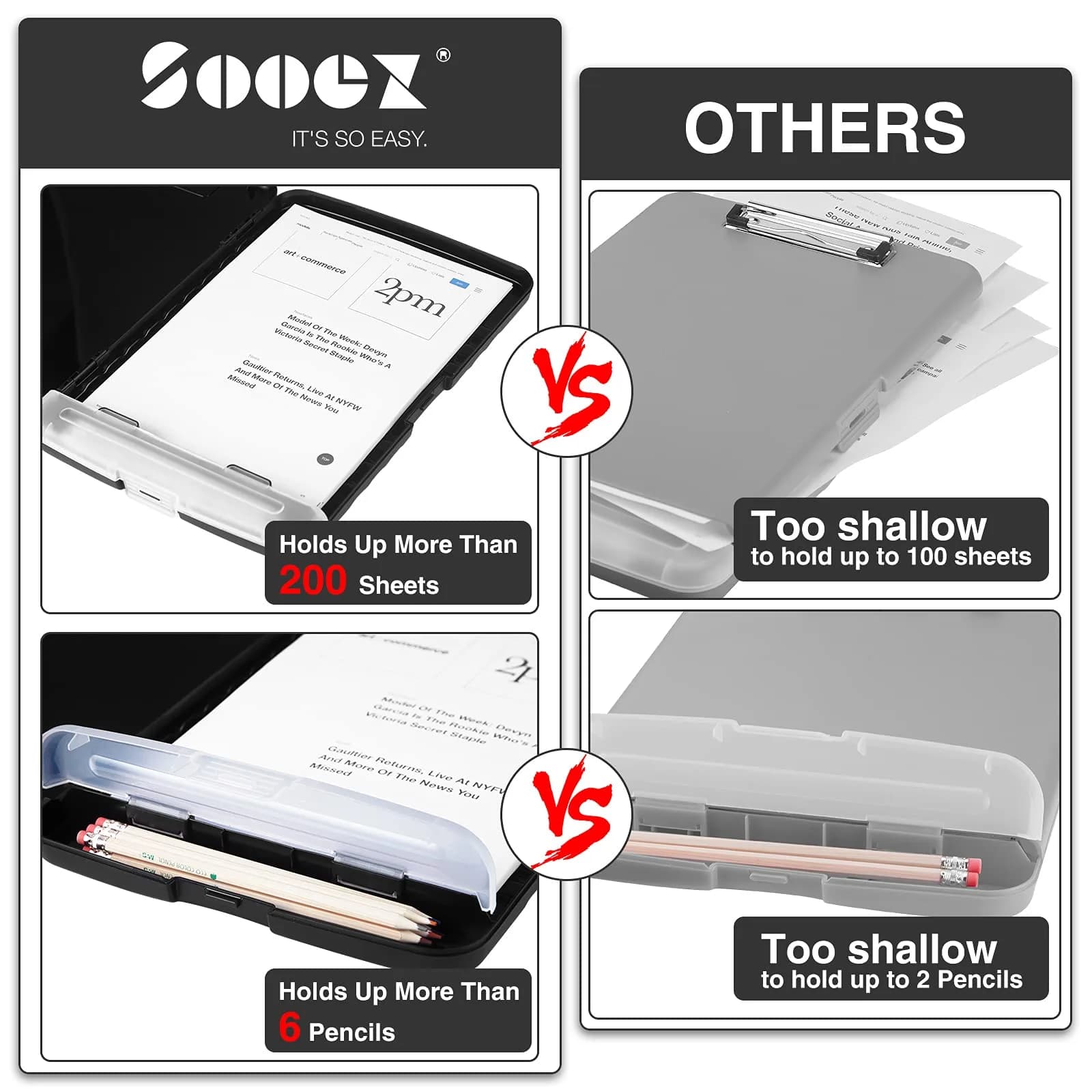 Sooez Clipboard with Storage 37cm (14.5in) | Holds 200+ Sheets, Pen Holder, Black - view 4