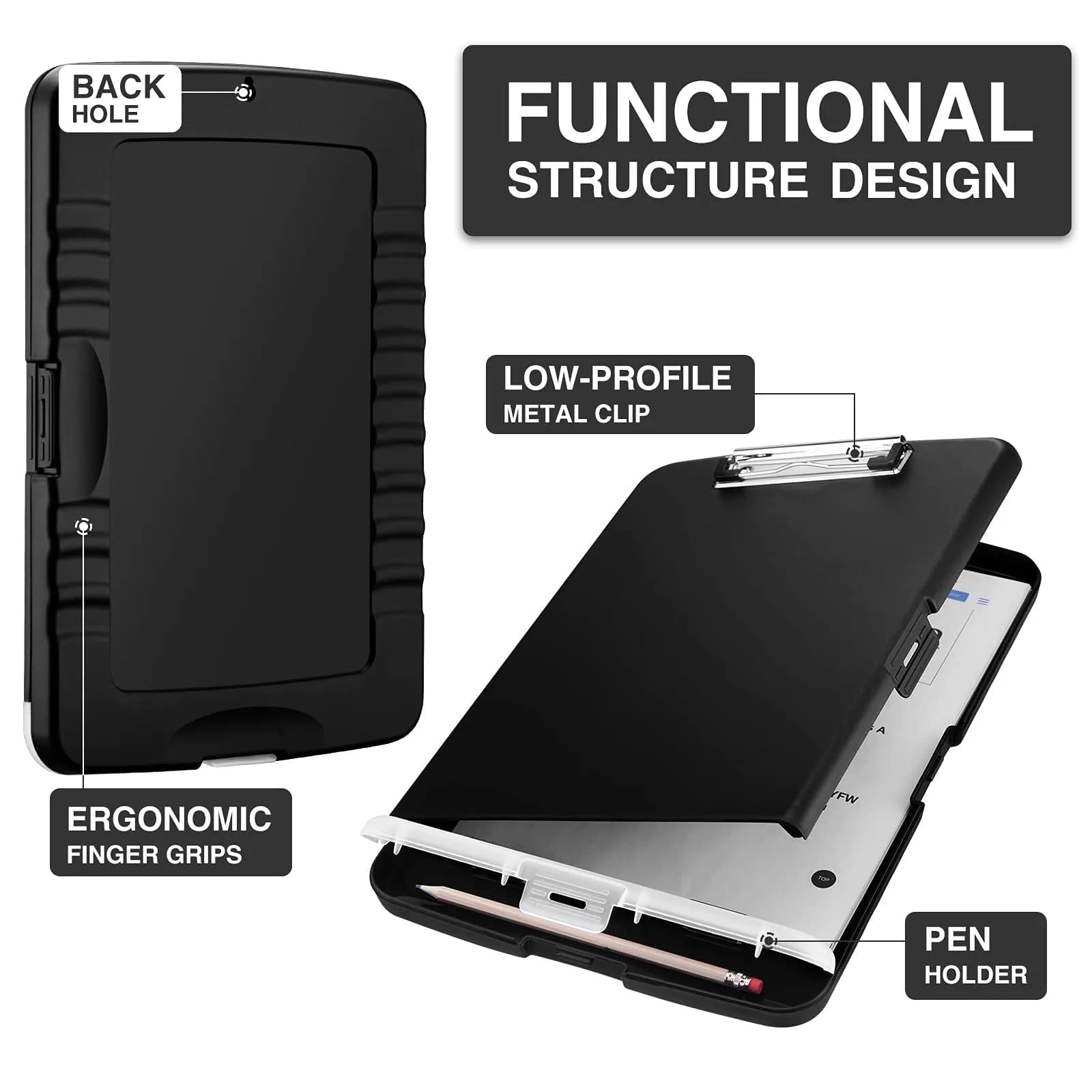 Sooez Clipboard with Storage 37cm (14.5in) | Holds 200+ Sheets, Pen Holder, Black - view 3