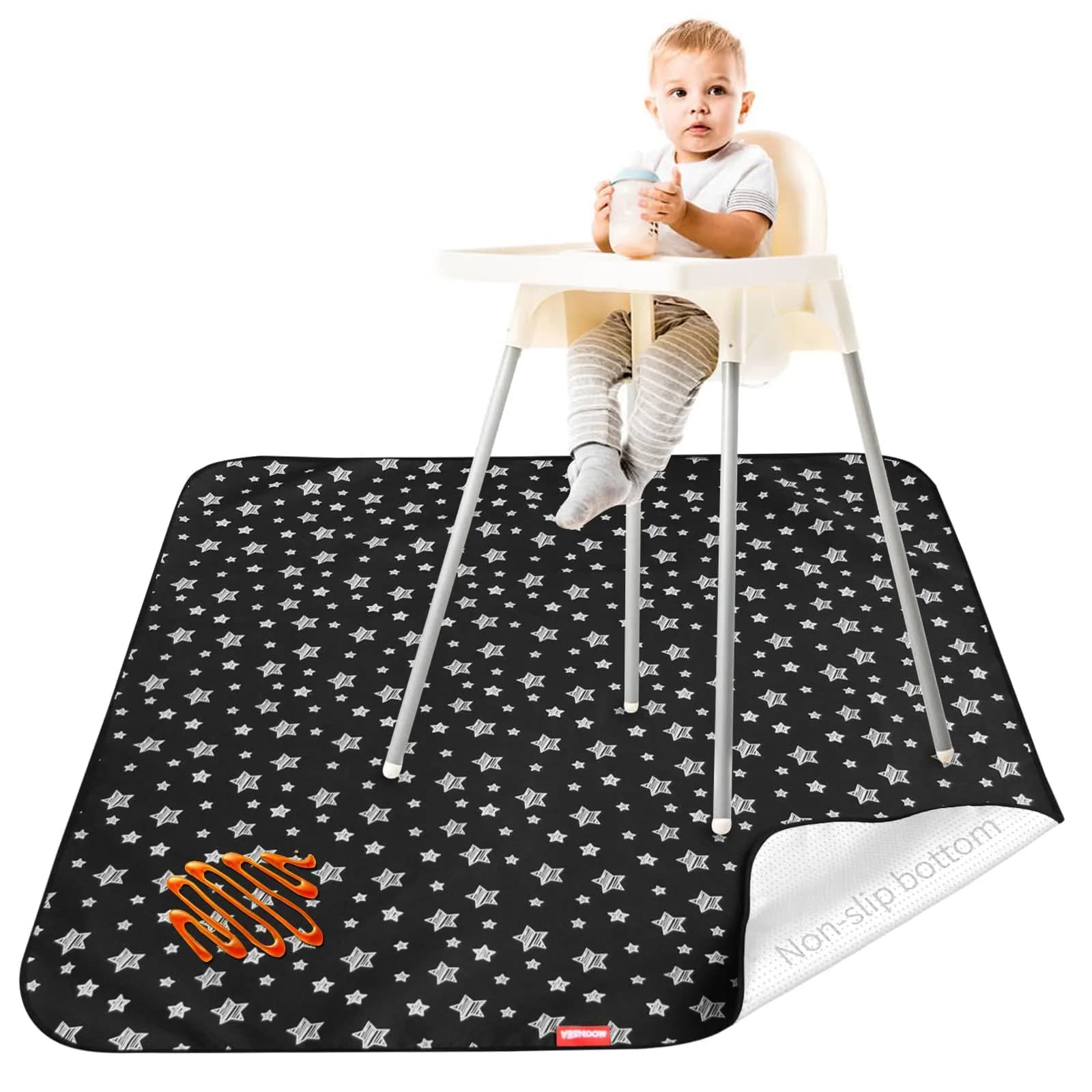 Moonsea Black Star High Chair Mat 117cm x 107cm (46" x 42") | Waterproof & Machine Washable Splat Mat for Floors & Tables