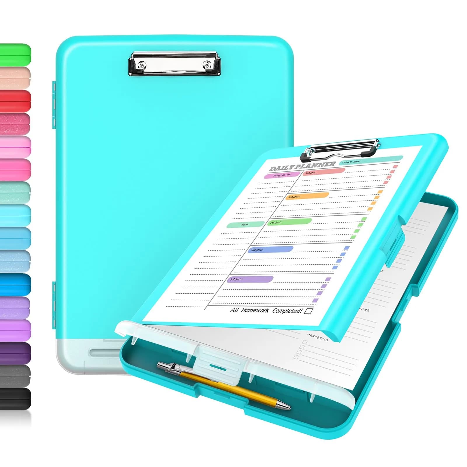 Sooez Clipboard with Storage, Clip Board 8.5 x 11 with Pen Holder, Plastic Organization Case Box for Letter Legal A4 Size Paper, Low Profile Clip, Nurses Teachers Must Haves, School & Office Supplies (Dark Blue) — Turquoise