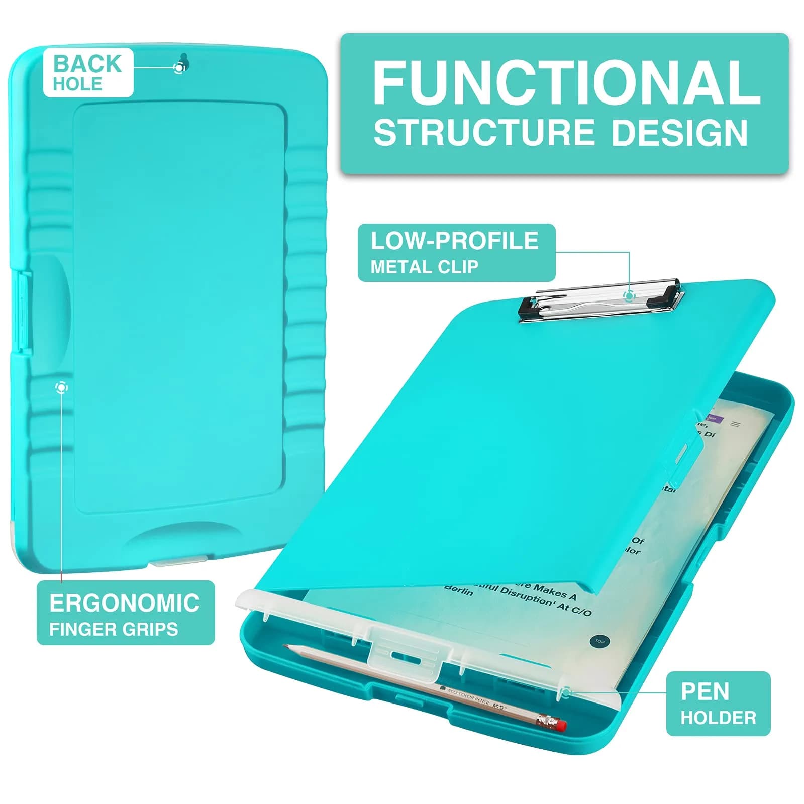 Sooez Plastic Clipboard with Storage & Pen Holder, 8.5 x 11 Inch, Turquoise | Durable Organizer for School & Office - view 2