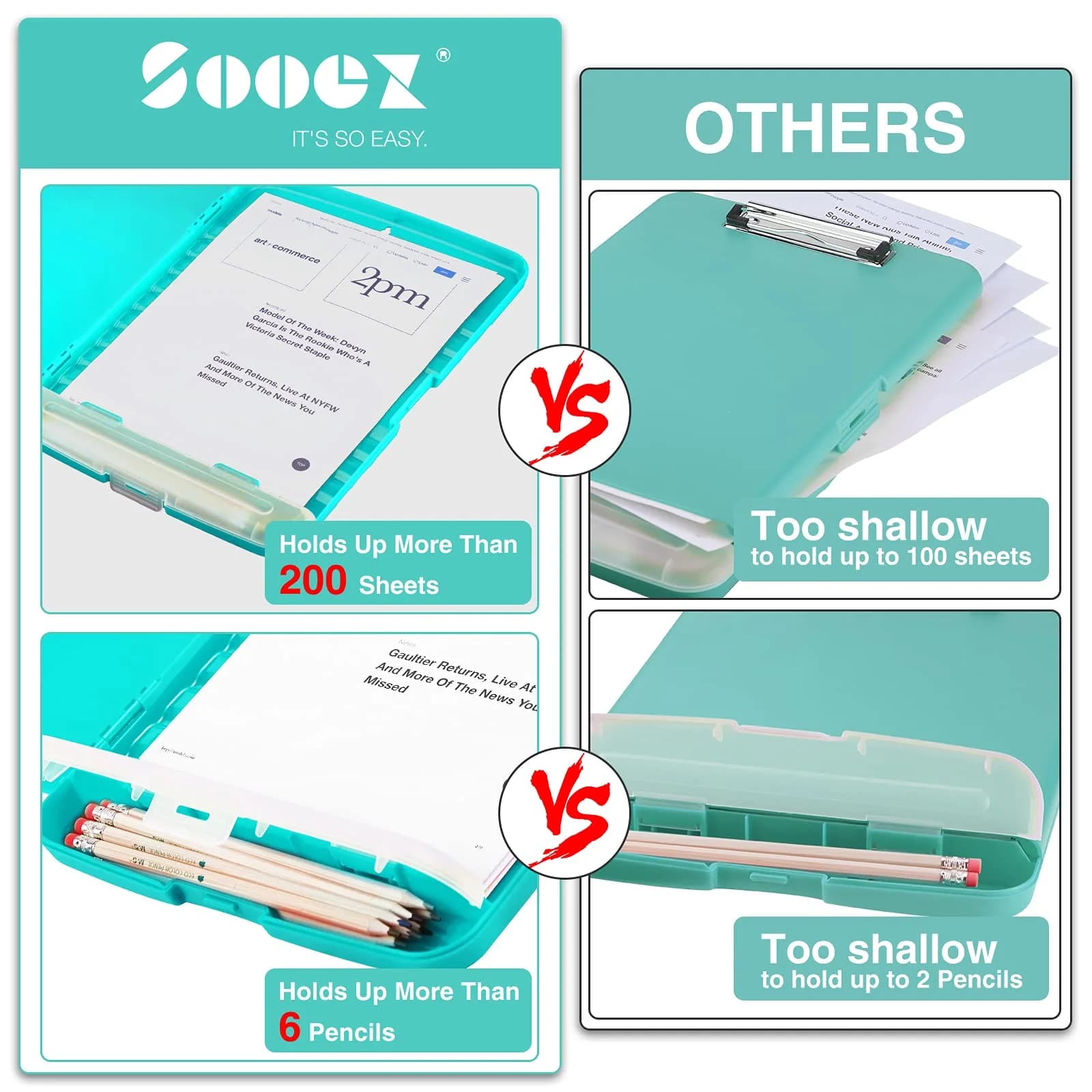 Sooez Plastic Clipboard with Storage & Pen Holder, 8.5 x 11 Inch, Turquoise | Durable Organizer for School & Office - view 3
