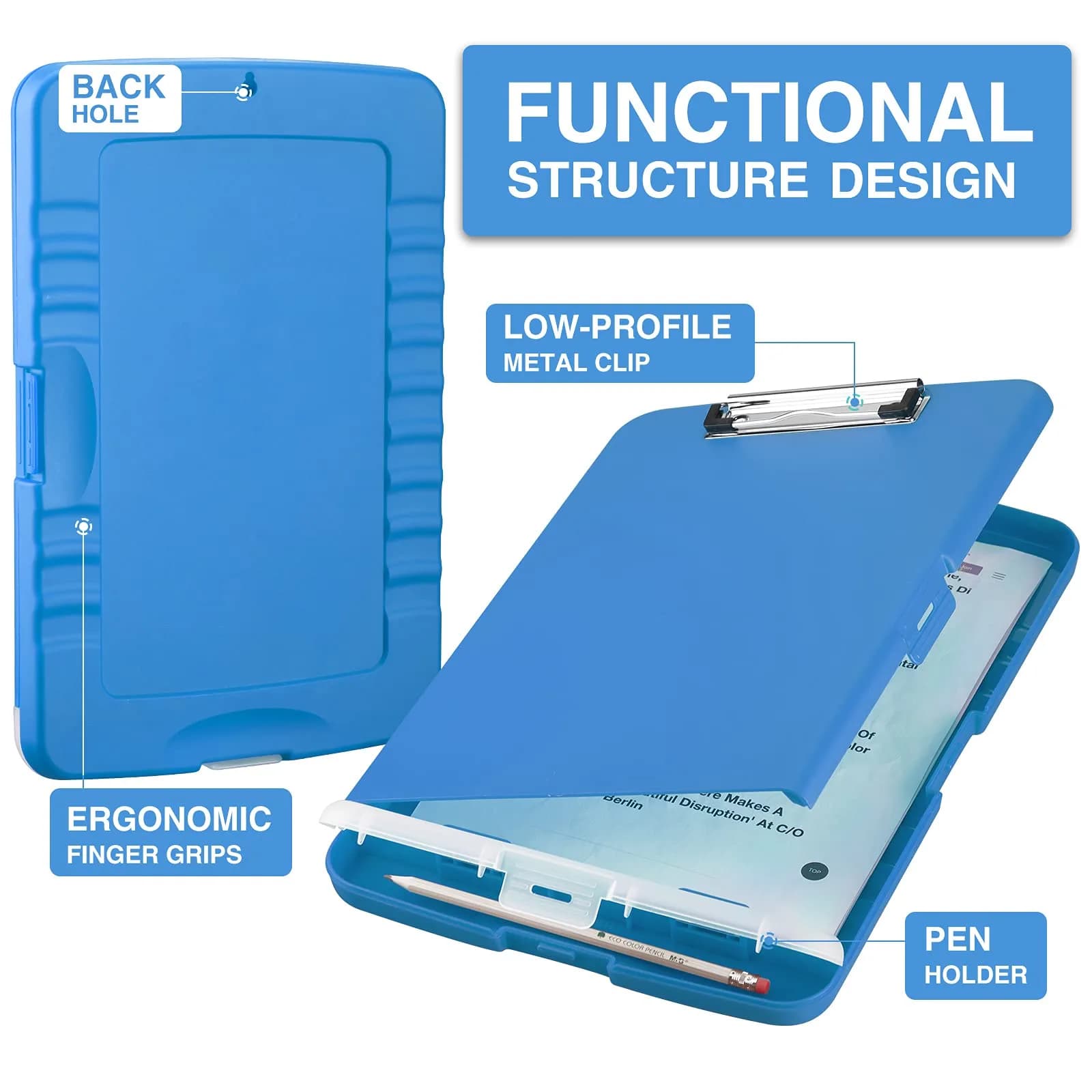 Sooez Plastic Clipboard with Storage Case, 8.5 x 11 Inch, Blue | Multi-Compartment Organizer for School & Office - view 2