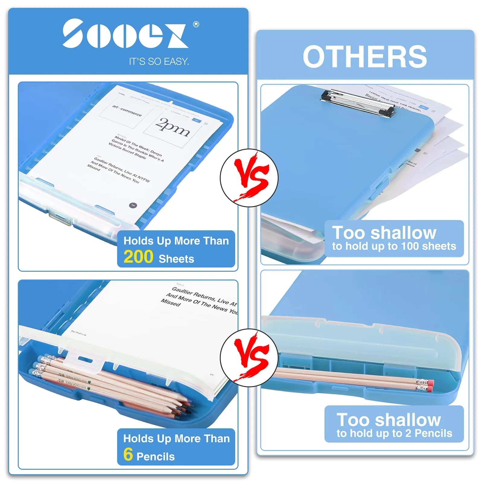 Sooez Plastic Clipboard with Storage Case, 8.5 x 11 Inch, Blue | Multi-Compartment Organizer for School & Office - view 3