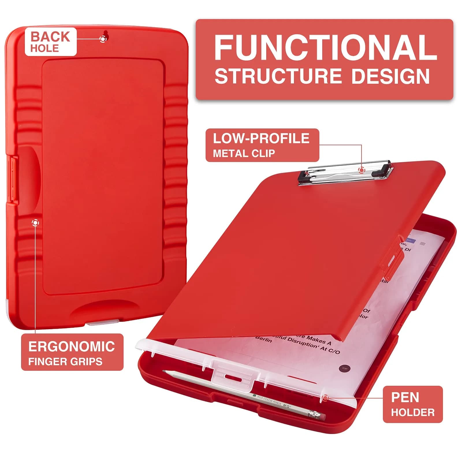 Sooez Red Clipboard with Storage 8.5 x 11 Inch | Durable Plastic Organizer Case with Pen Holder for School & Office - view 2