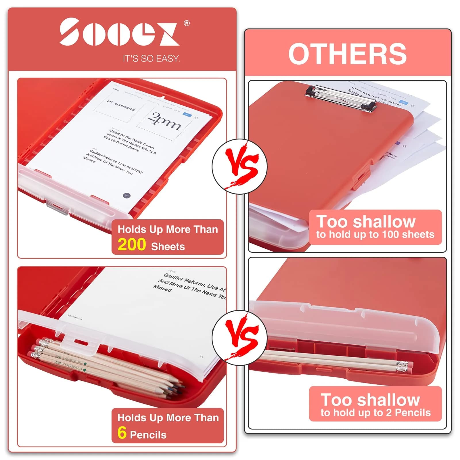 Sooez Red Clipboard with Storage 8.5 x 11 Inch | Durable Plastic Organizer Case with Pen Holder for School & Office - view 3