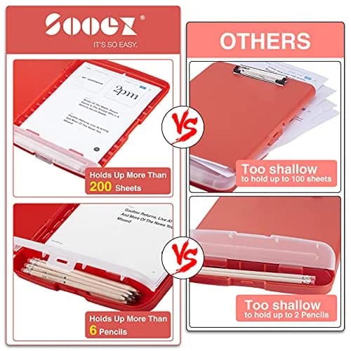 Sooez Red Clipboard with Storage, 8.5 x 11 Inch, Pen Holder | Durable Plastic Organizer for School & Office thumbnail 3