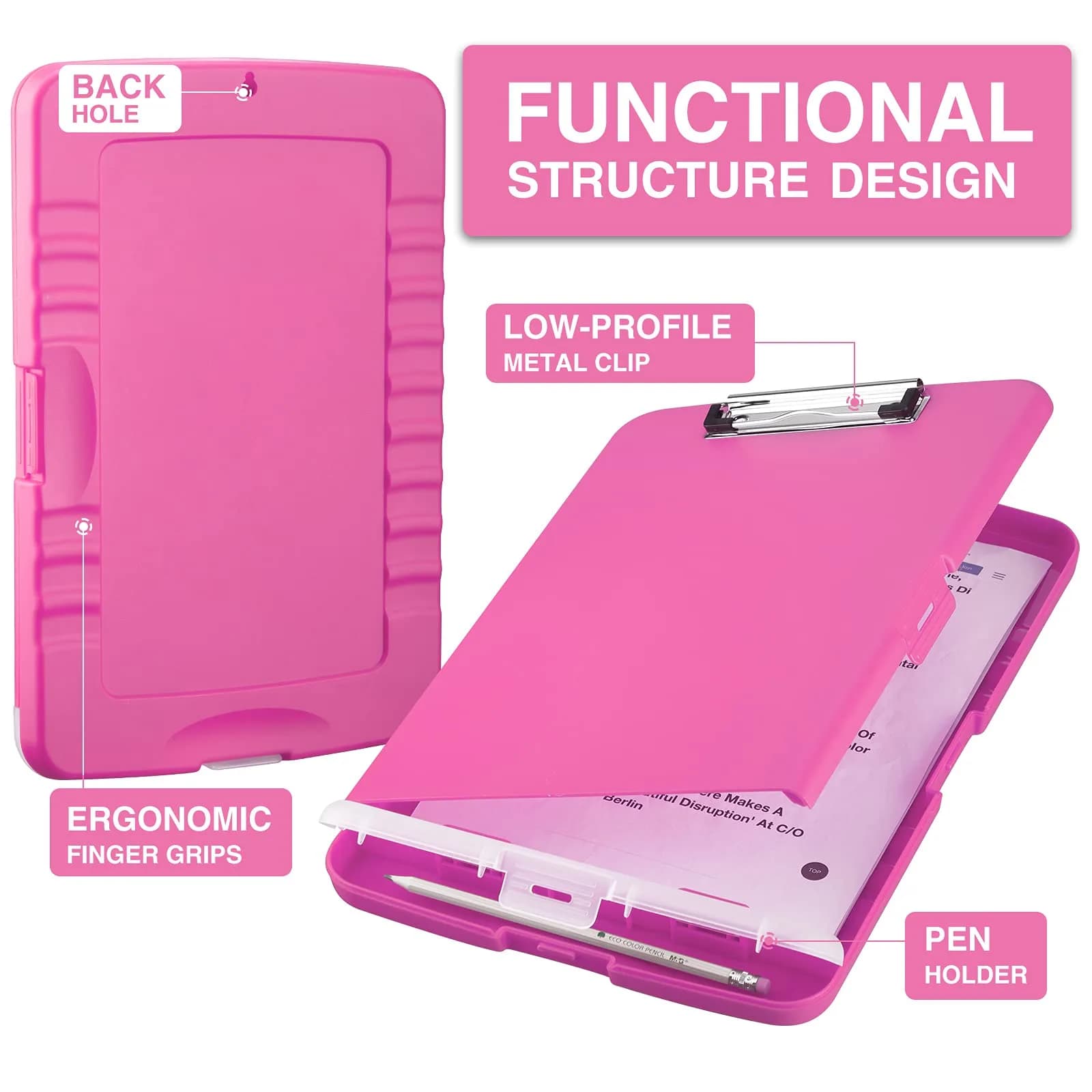 Sooez Storage Clipboard with Pen Holder, Low Profile Clip, Rose Pink | Essential Teacher & Nurse Organizer - view 2