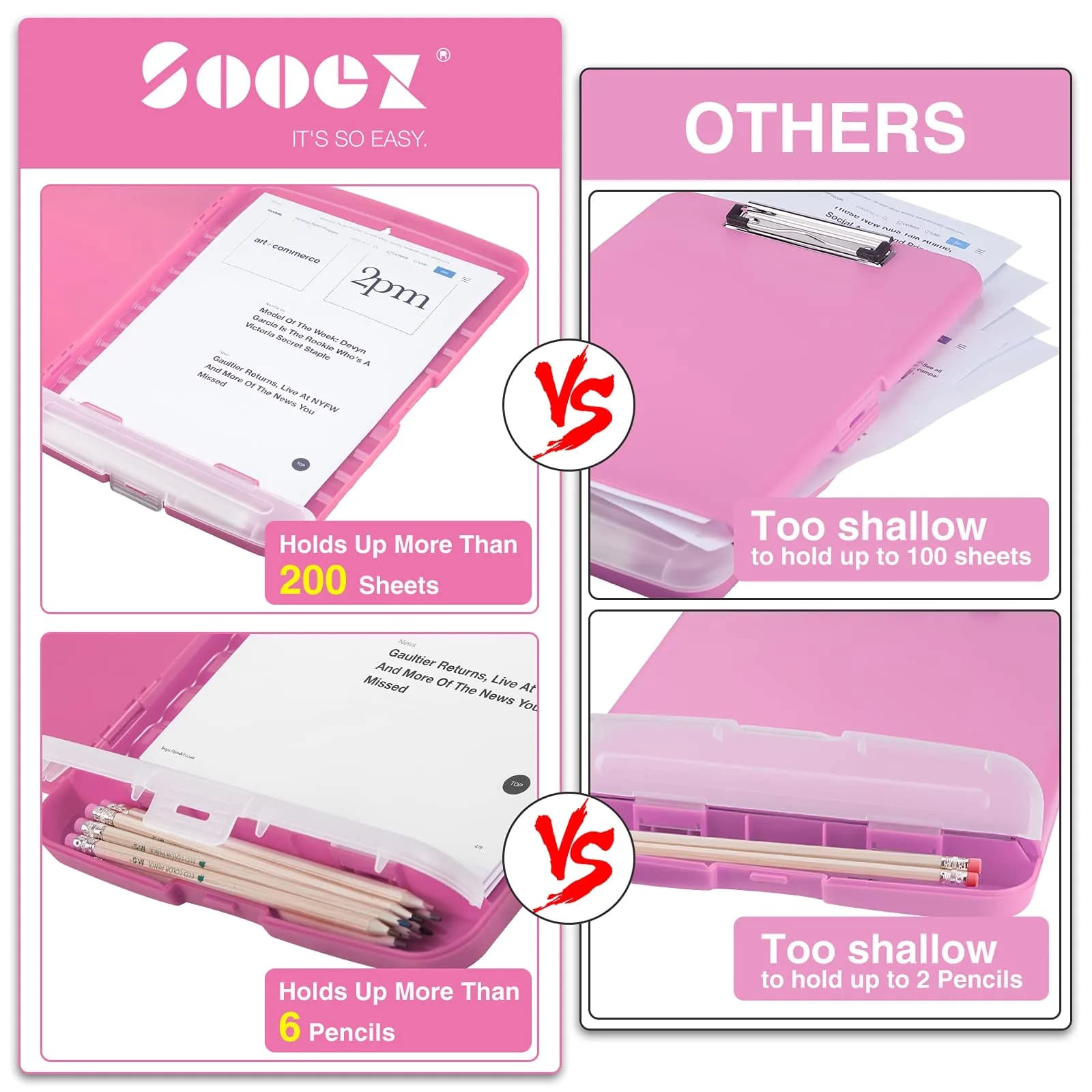 Sooez Storage Clipboard with Pen Holder, Low Profile Clip, Rose Pink | Essential Teacher & Nurse Organizer - view 3