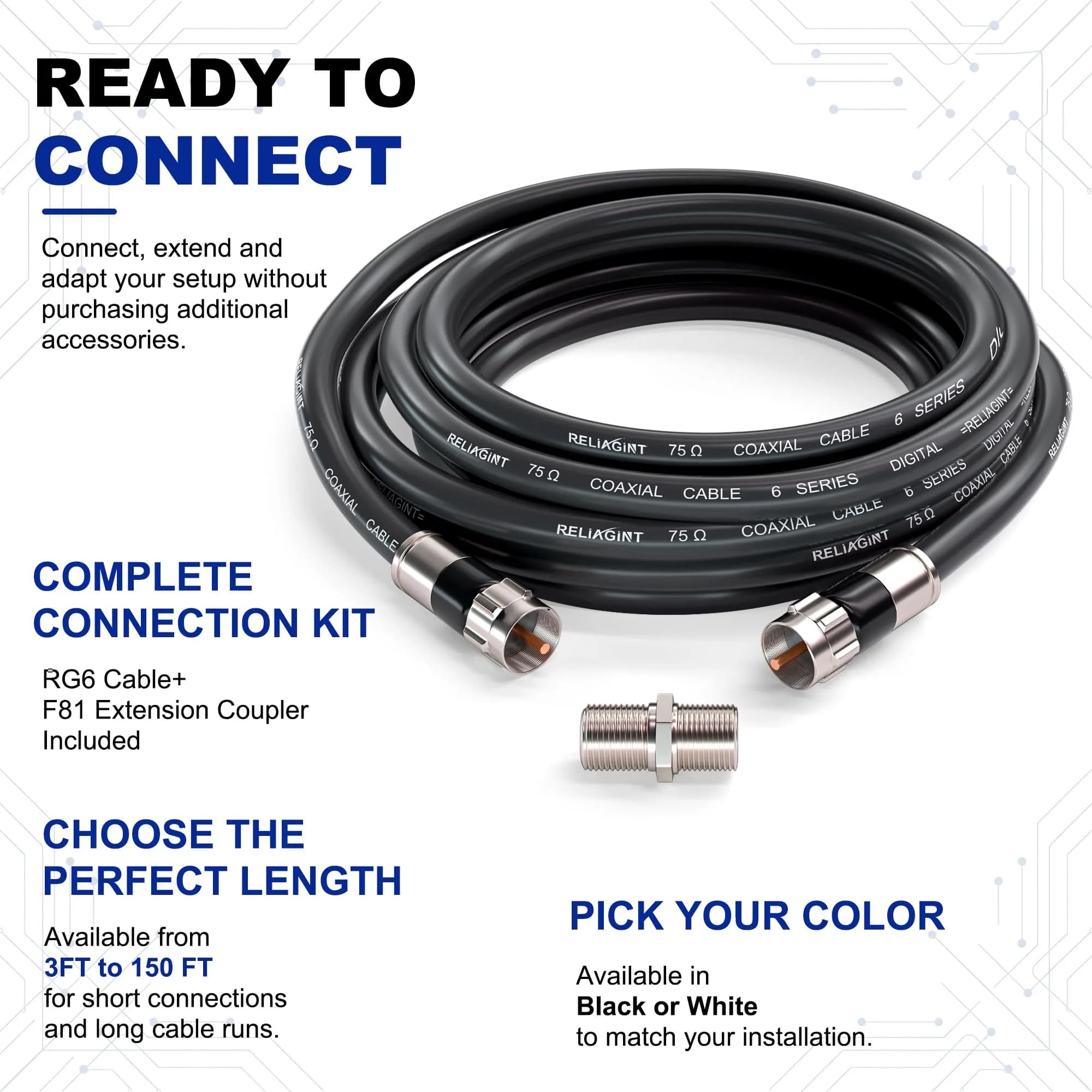 RELIAGINT 6ft (1.83m) RG6 Coaxial Cable, 75 Ohm High-Speed, Black | Reliable Signal for TV, Satellite & Internet thumbnail 4