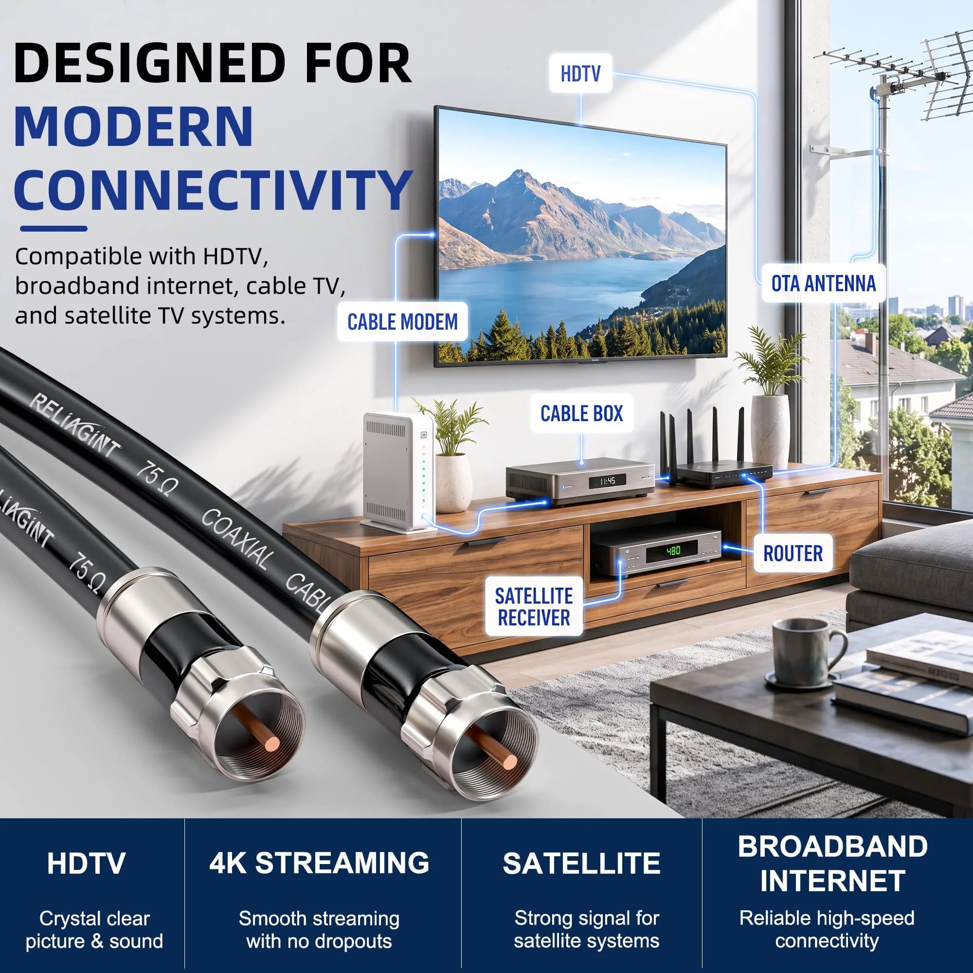 RELIAGINT 10ft (3.05m) RG6 Coaxial Cable Black | High-Speed 75 Ohm for TV, Internet, Satellite thumbnail 5