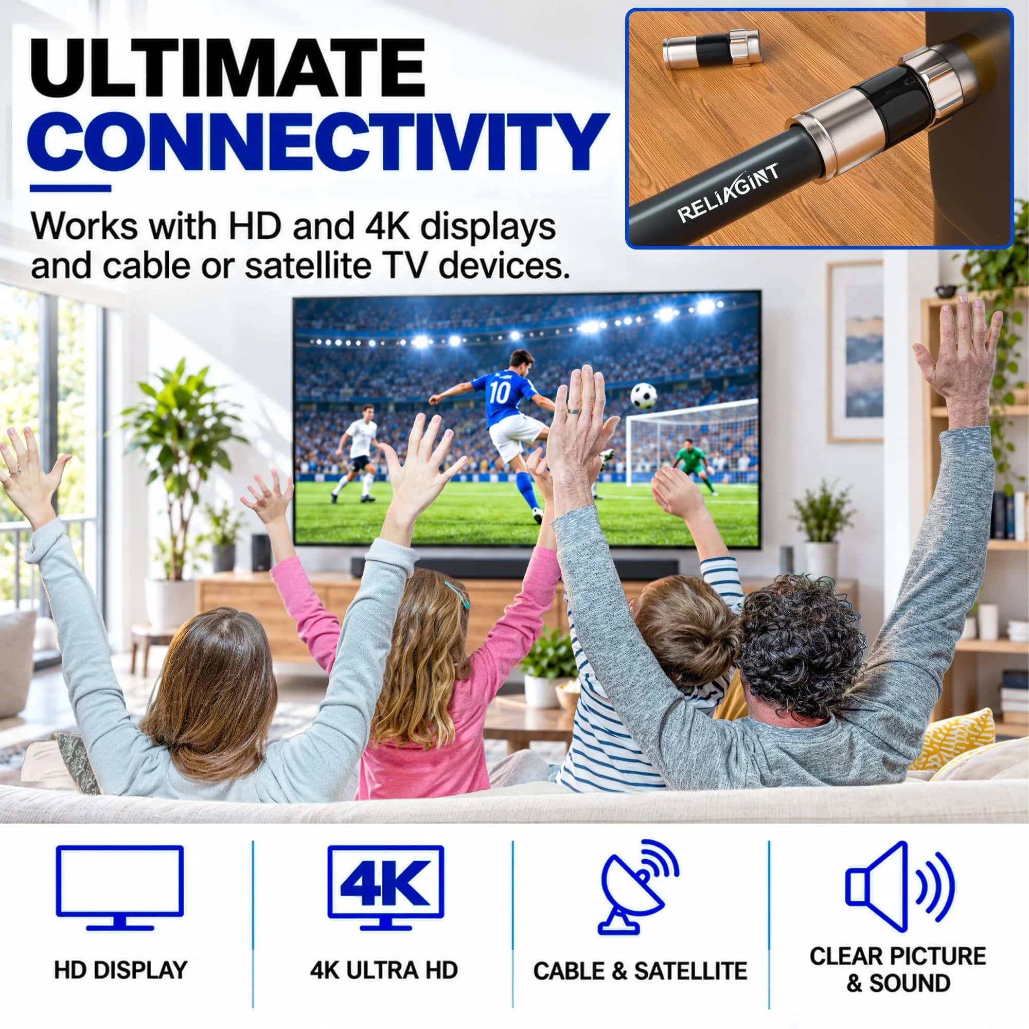 RELIAGINT 10ft (3.05m) RG6 Coaxial Cable Black | High-Speed 75 Ohm for TV, Internet, Satellite thumbnail 7