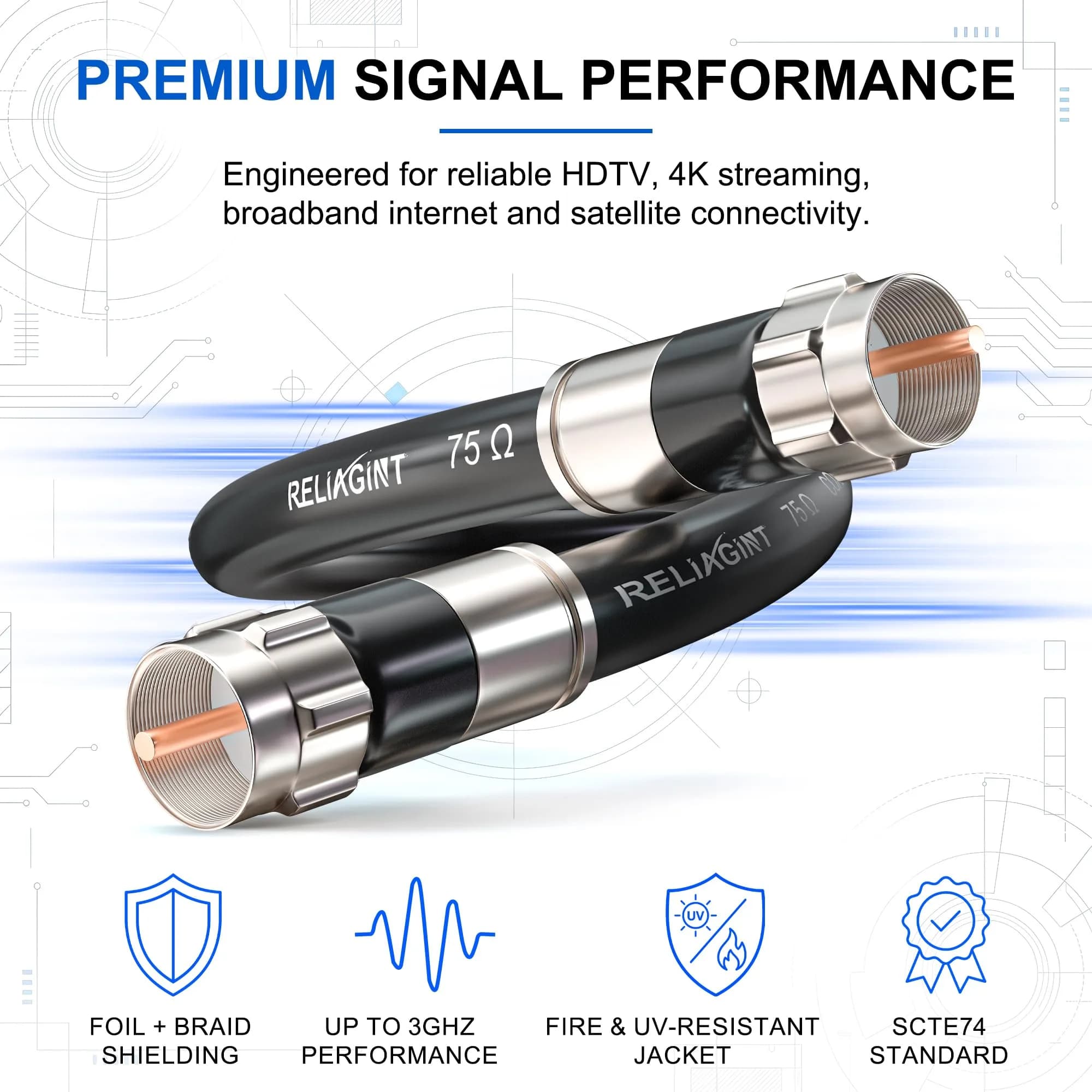 RELIAGINT 10ft (3.05m) RG6 Coaxial Cable Black | High-Speed 75 Ohm for TV, Internet, Satellite thumbnail 2