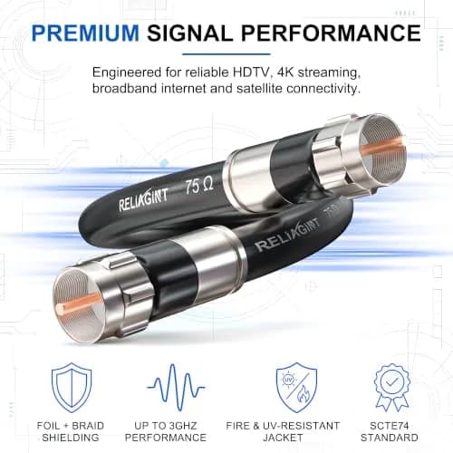 RELIAGINT 10ft (3.05m) RG6 Coaxial Cable Black | High-Speed 75 Ohm for TV, Internet, Satellite thumbnail 2