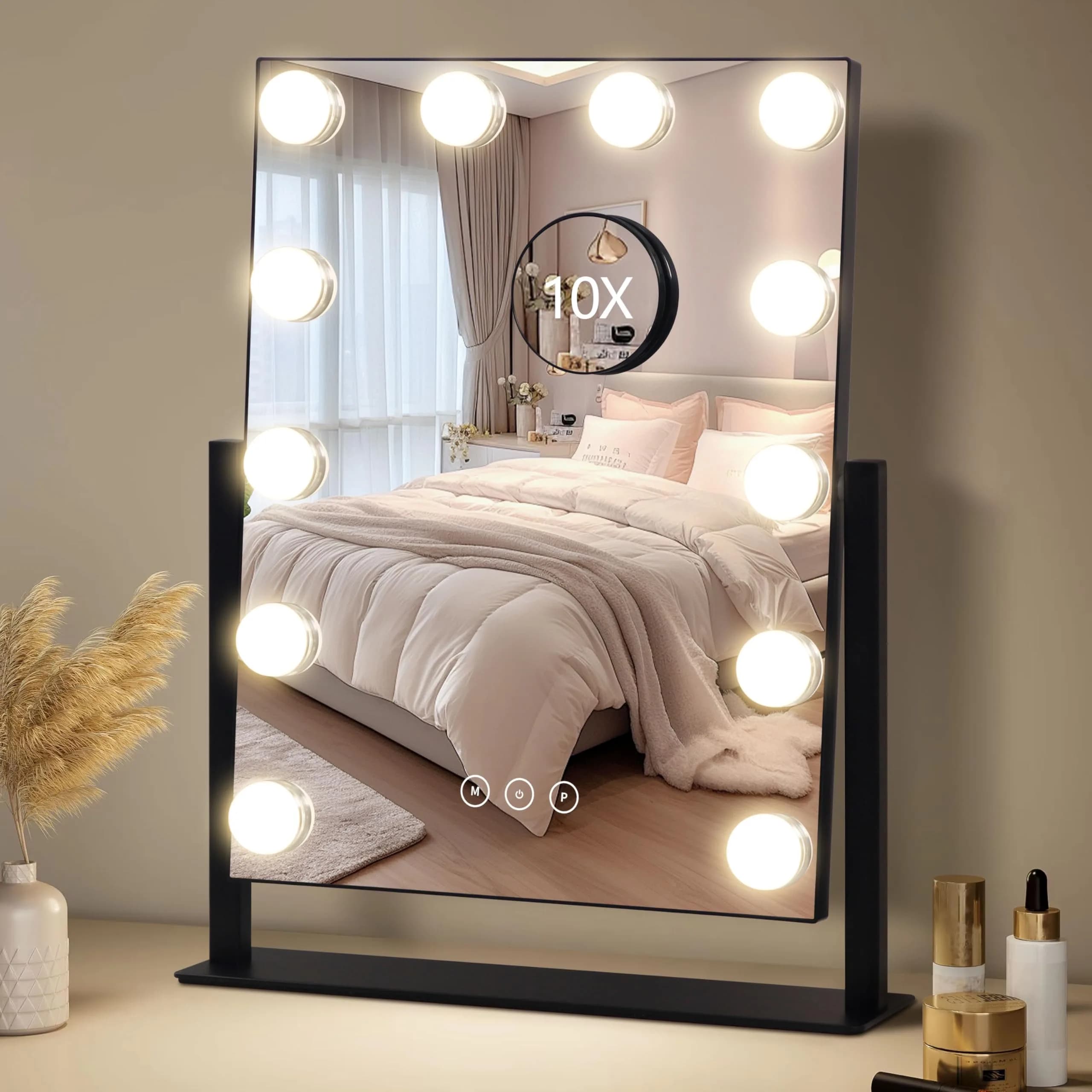 NUSVAN Vanity Mirror with Lights, 3 Color Modes, 10X Magnification, Touch Control, 360° Rotation, White | Adjustable Brightness for Flawless Makeup — Black