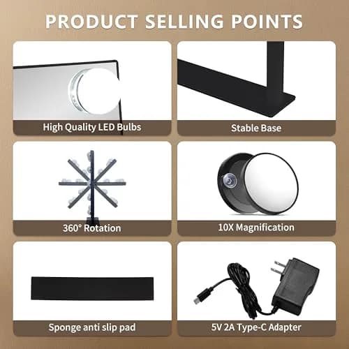 NUSVAN Vanity Mirror with Lights, 3 Color Modes, 10X Magnification, Touch Control, 360° Rotation, White | Adjustable Brightness for Flawless Makeup thumbnail 4
