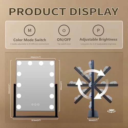 NUSVAN Vanity Mirror with Lights, 3 Color Modes, 10X Magnification, Touch Control, 360° Rotation, White | Adjustable Brightness for Flawless Makeup thumbnail 5